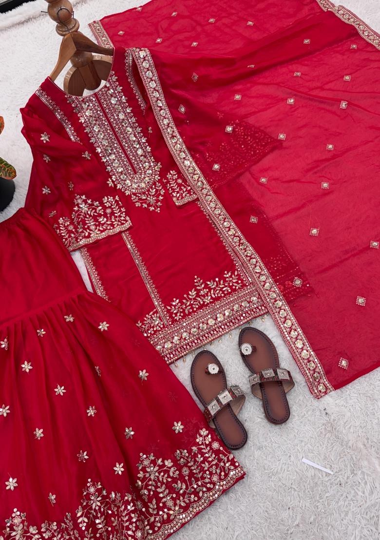 Rani Pink Embroidered Silk Blend Kurta Set - Indya