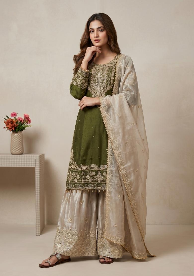 Mehendi Green Embroidered Silk Blend Kurta Set - Indya