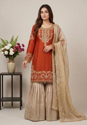 Orange Embroidered Silk Blend Kurta Set