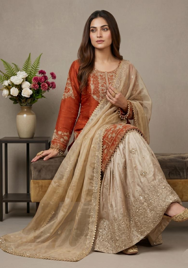 Orange Embroidered Silk Blend Kurta Set - Indya
