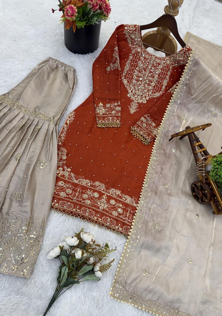 Orange Embroidered Silk Blend Kurta Set - Indya