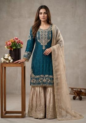 Teal Embroidered Silk Blend Kurta Set