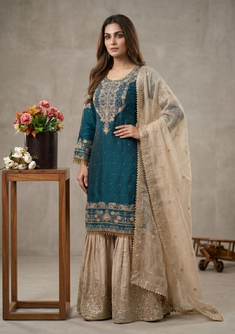 Teal Embroidered Silk Blend Kurta Set - Indya
