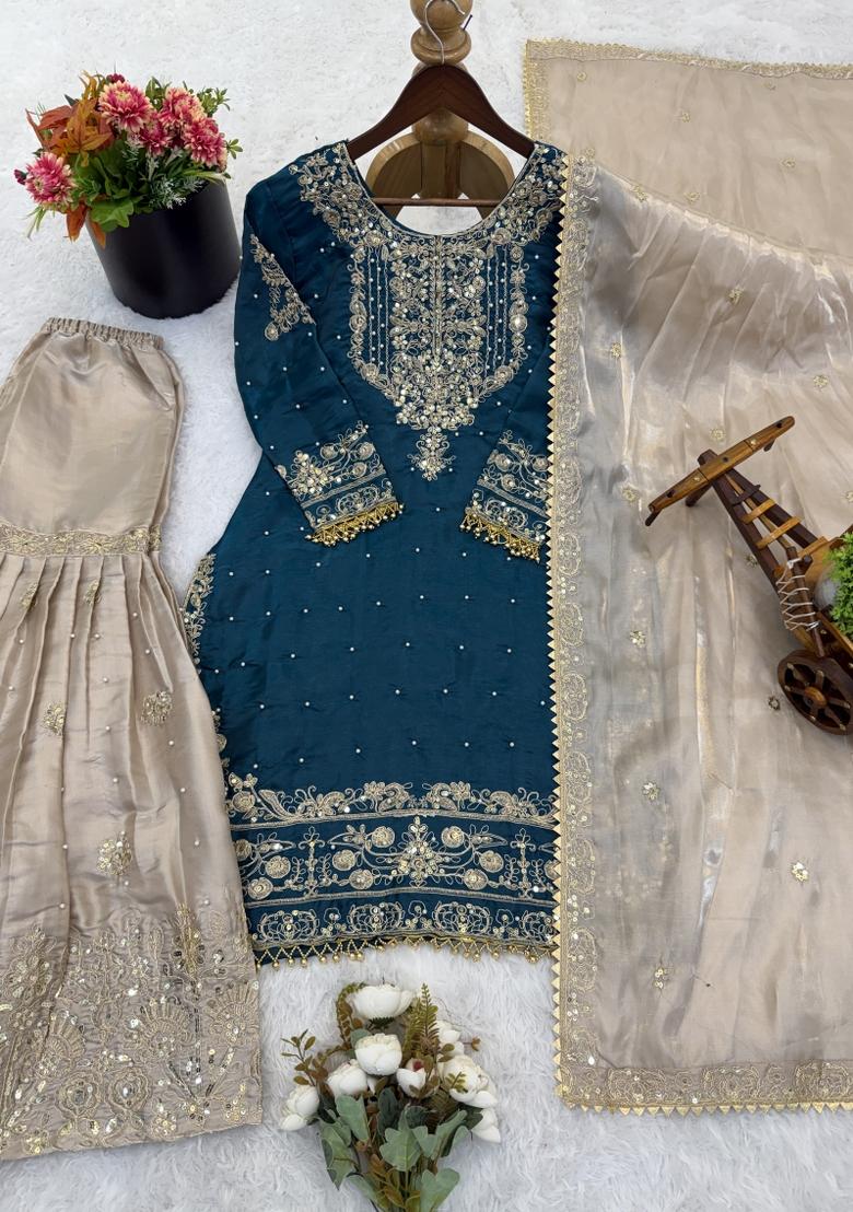 Teal Embroidered Silk Blend Kurta Set - Indya