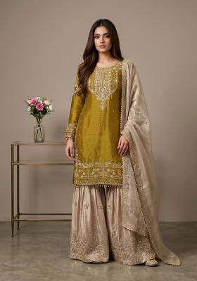 Yellow Embroidered Silk Blend Kurta Set