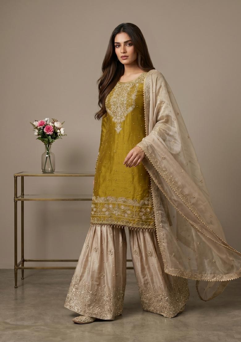 Yellow Embroidered Silk Blend Kurta Set - Indya
