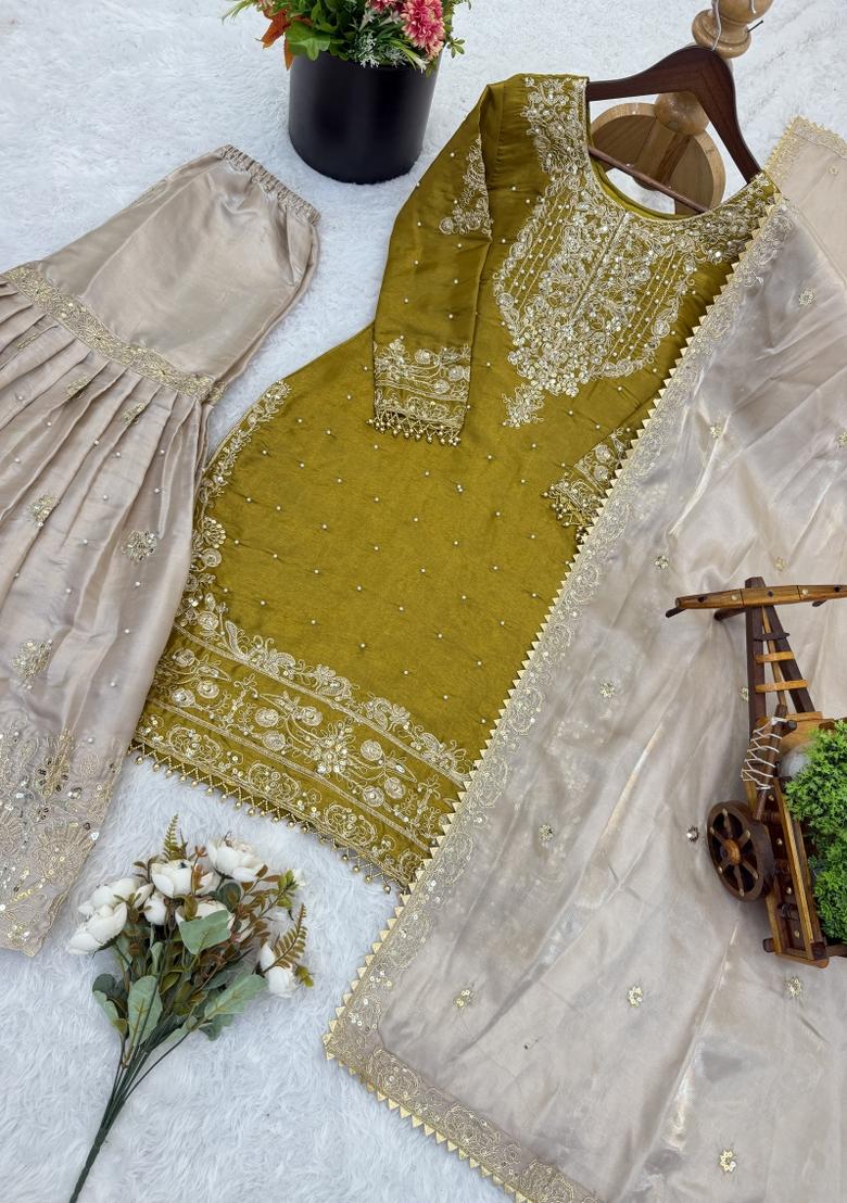 Yellow Embroidered Silk Blend Kurta Set - Indya