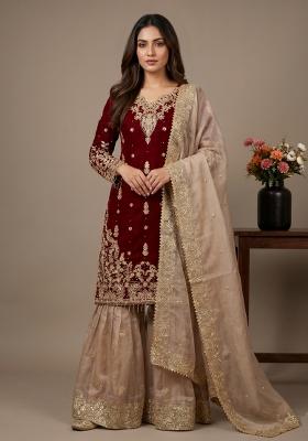 Maroon Embroidered Silk Blend Kurta Set