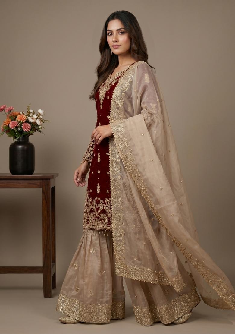 Maroon Embroidered Silk Blend Kurta Set - Indya