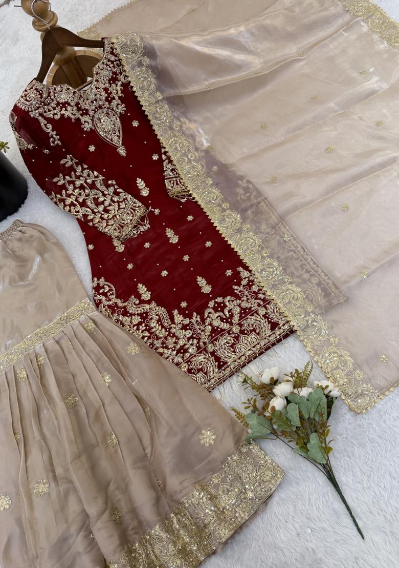 Maroon Embroidered Silk Blend Kurta Set - Indya