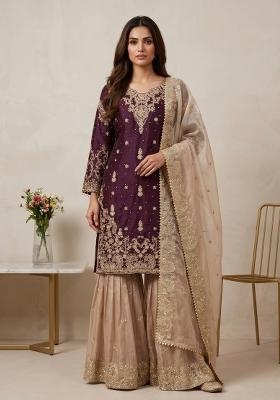 Wine Embroidered Silk Blend Kurta Set