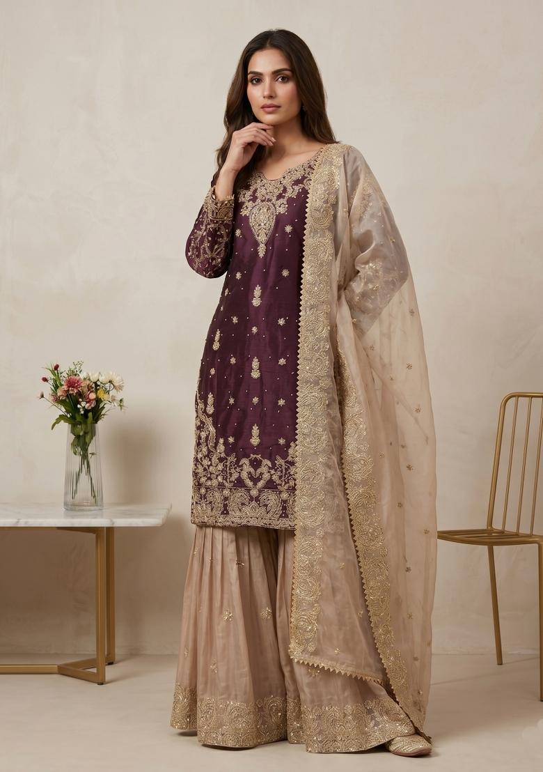 Wine Embroidered Silk Blend Kurta Set - Indya