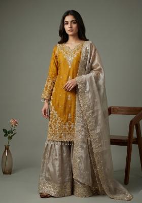 Yellow Embroidered Silk Blend Kurta Set