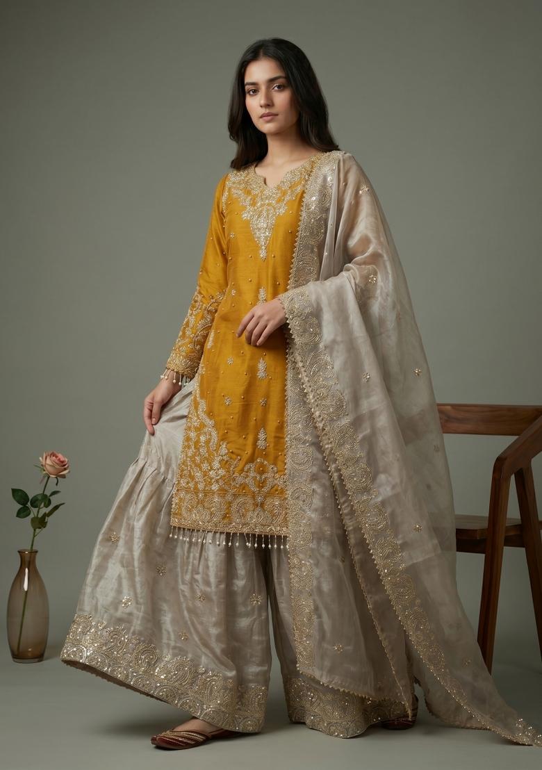 Yellow Embroidered Silk Blend Kurta Set - Indya