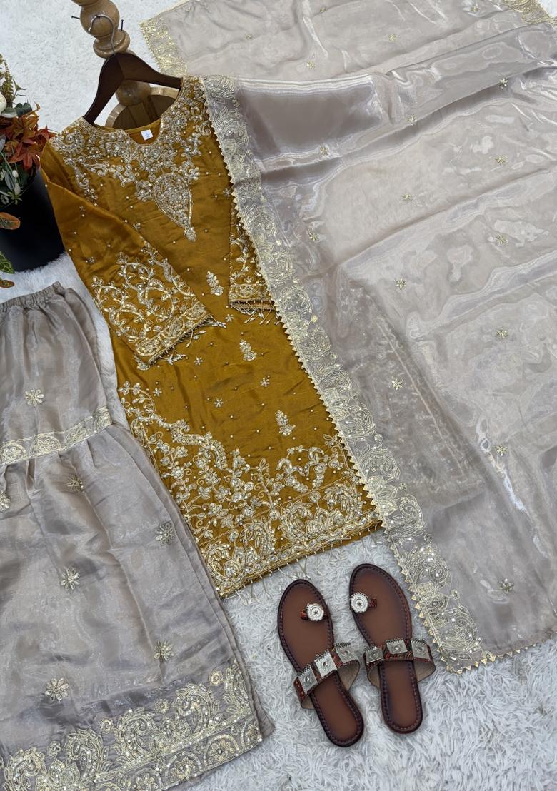Yellow Embroidered Silk Blend Kurta Set - Indya