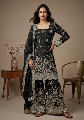 Black Embroidered Silk Blend Kurta Set