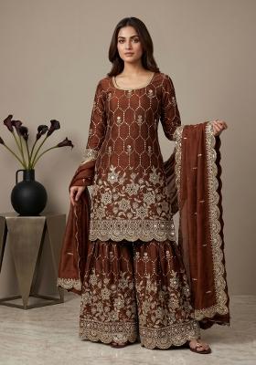 Brown Embroidered Silk Blend Kurta Set