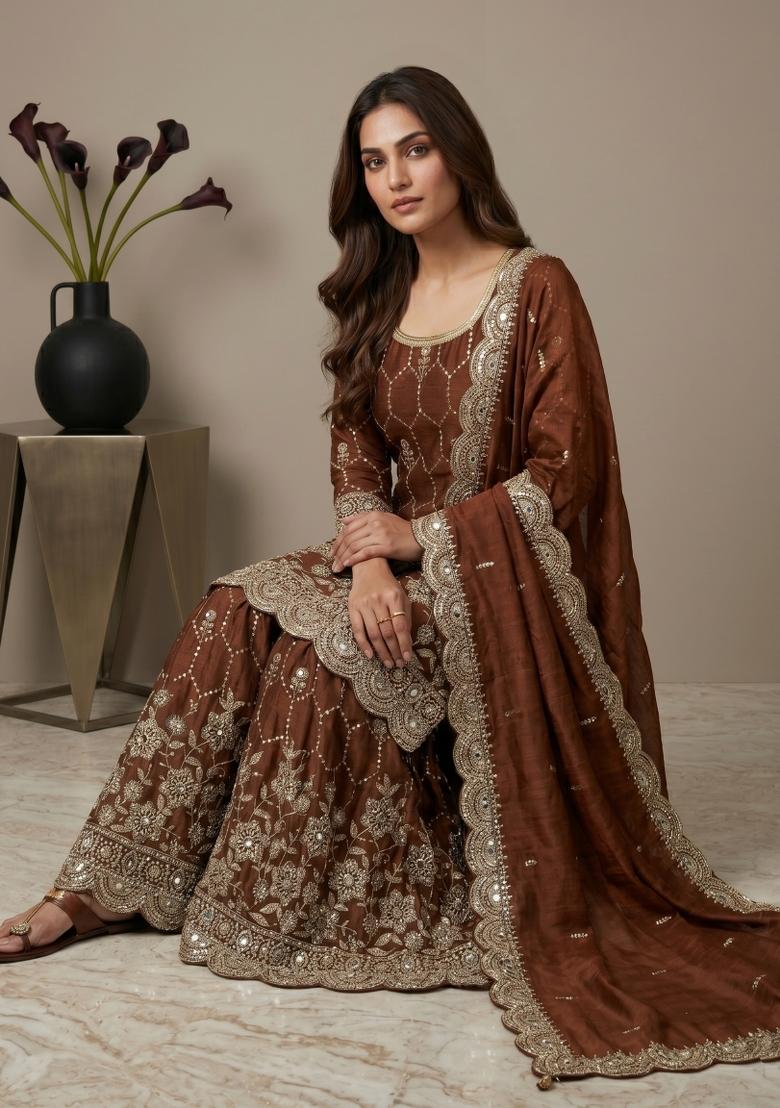 Brown Embroidered Silk Blend Kurta Set - Indya
