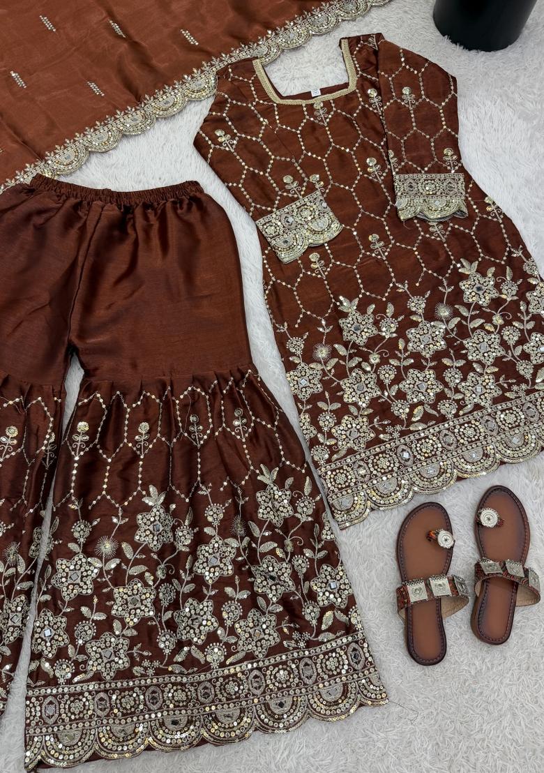 Brown Embroidered Silk Blend Kurta Set - Indya
