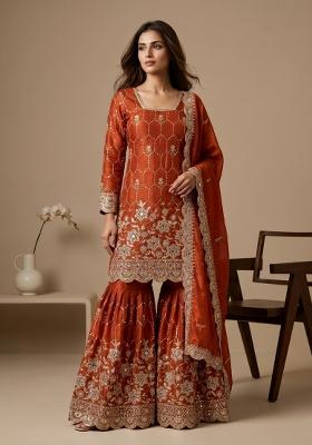 Orange Embroidered Silk Blend Kurta Set