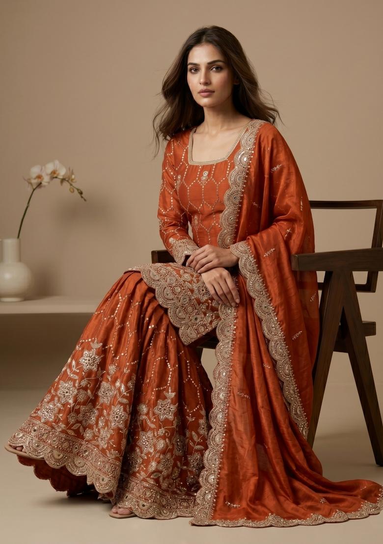 Orange Embroidered Silk Blend Kurta Set - Indya