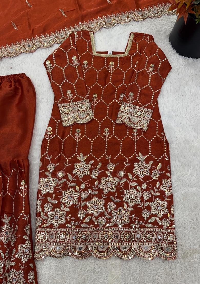 Orange Embroidered Silk Blend Kurta Set - Indya