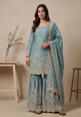 Sky Blue Embroidered Silk Blend Kurta Set