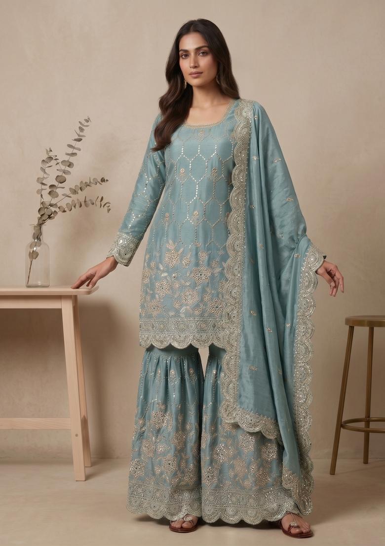 Sky Blue Embroidered Silk Blend Kurta Set - Indya
