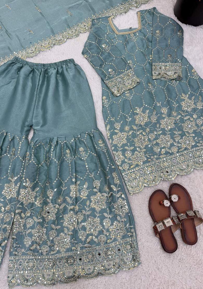 Sky Blue Embroidered Silk Blend Kurta Set - Indya