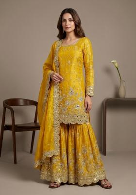 Yellow Embroidered Silk Blend Kurta Set