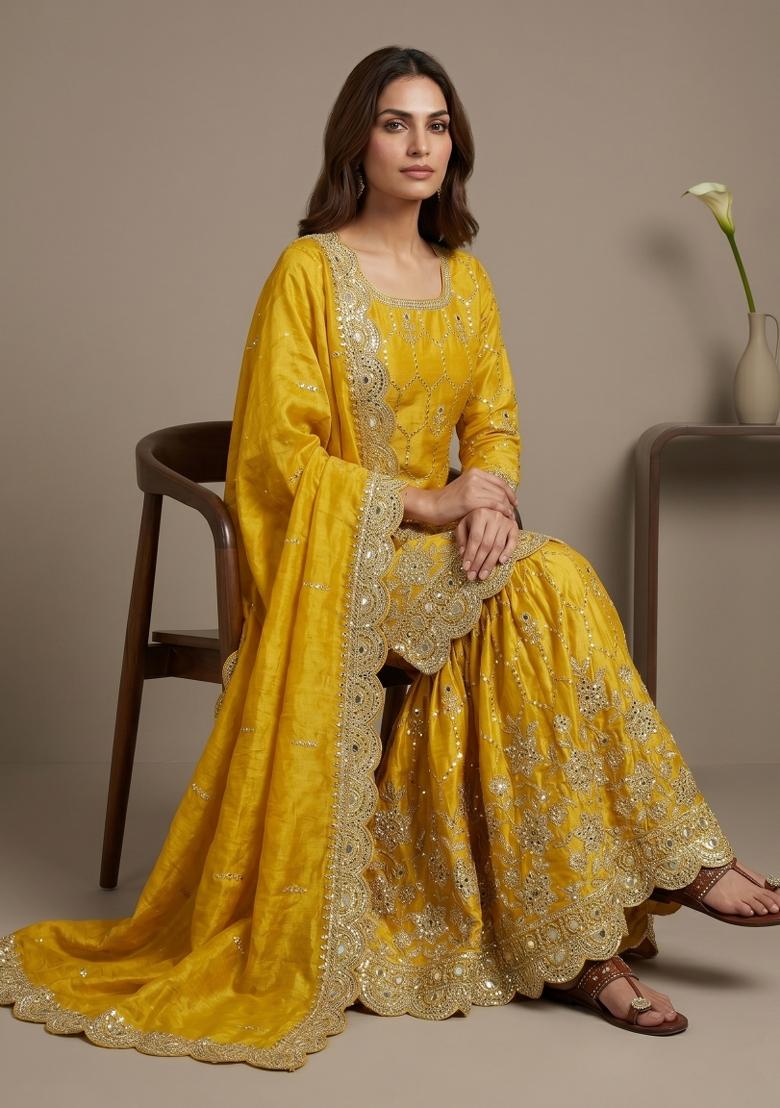 Yellow Embroidered Silk Blend Kurta Set - Indya