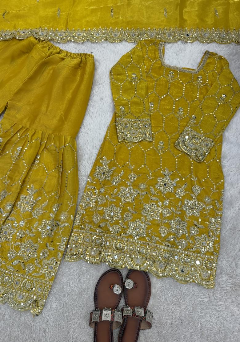 Yellow Embroidered Silk Blend Kurta Set - Indya