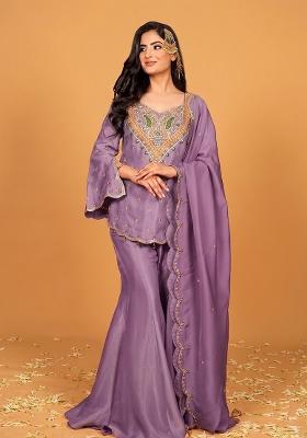 Lavender Embroidered Silk Blend Kurta Set
