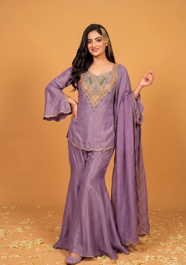 Lavender Embroidered Silk Blend Kurta Set - Indya