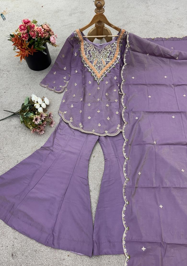 Lavender Embroidered Silk Blend Kurta Set - Indya