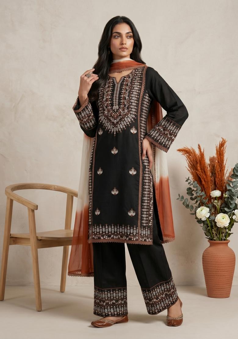 Black Embroidered Rayon Cotton Kurta Set - Indya