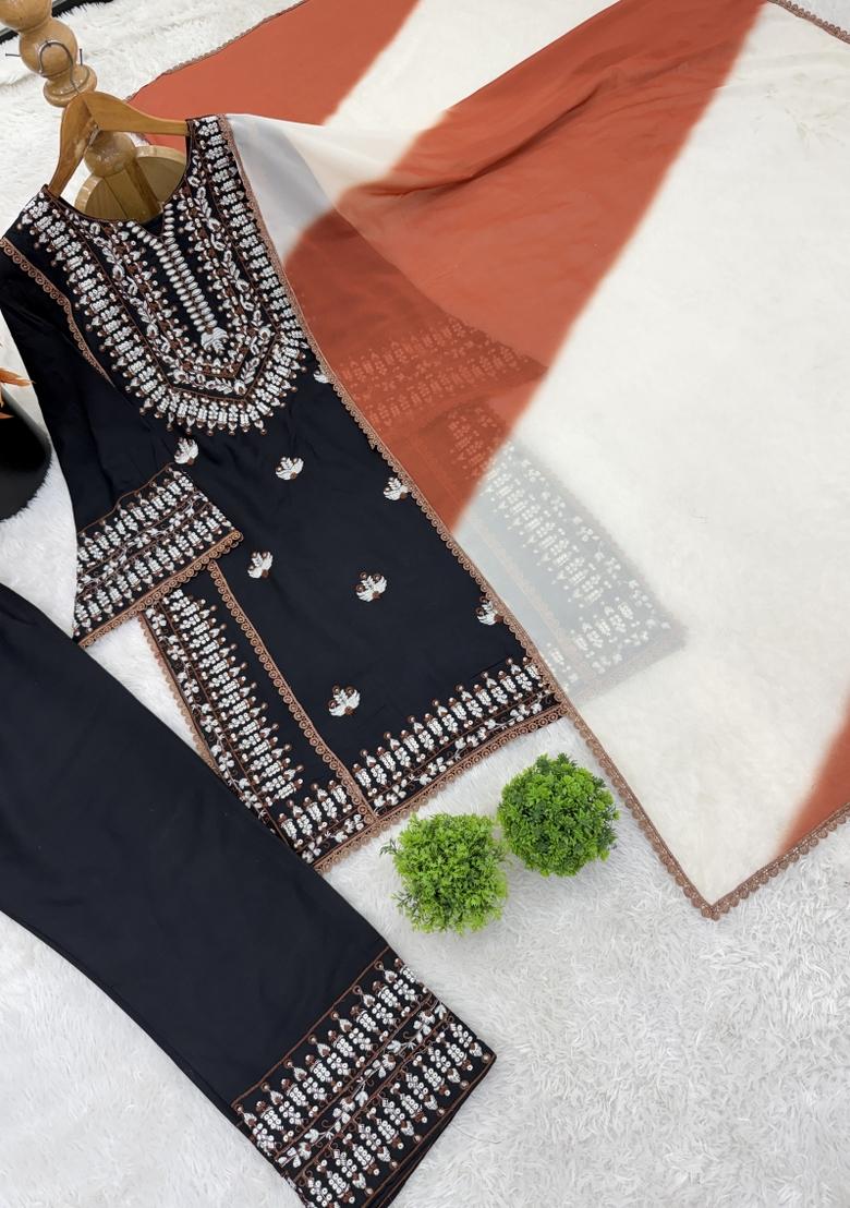 Black Embroidered Rayon Cotton Kurta Set - Indya