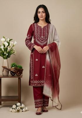 Maroon Embroidered Rayon Cotton Kurta Set