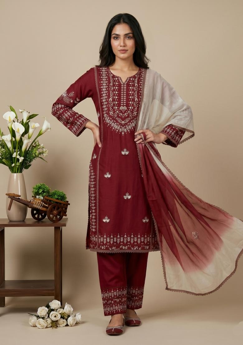Maroon Embroidered Rayon Cotton Kurta Set - Indya