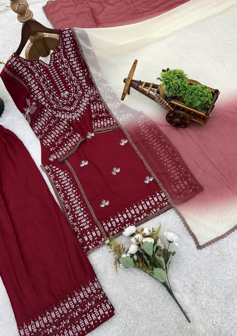 Maroon Embroidered Rayon Cotton Kurta Set - Indya