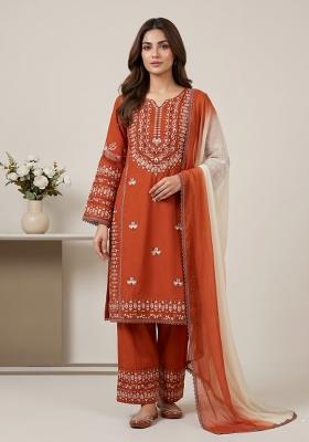 Orange Embroidered Rayon Cotton Kurta Set