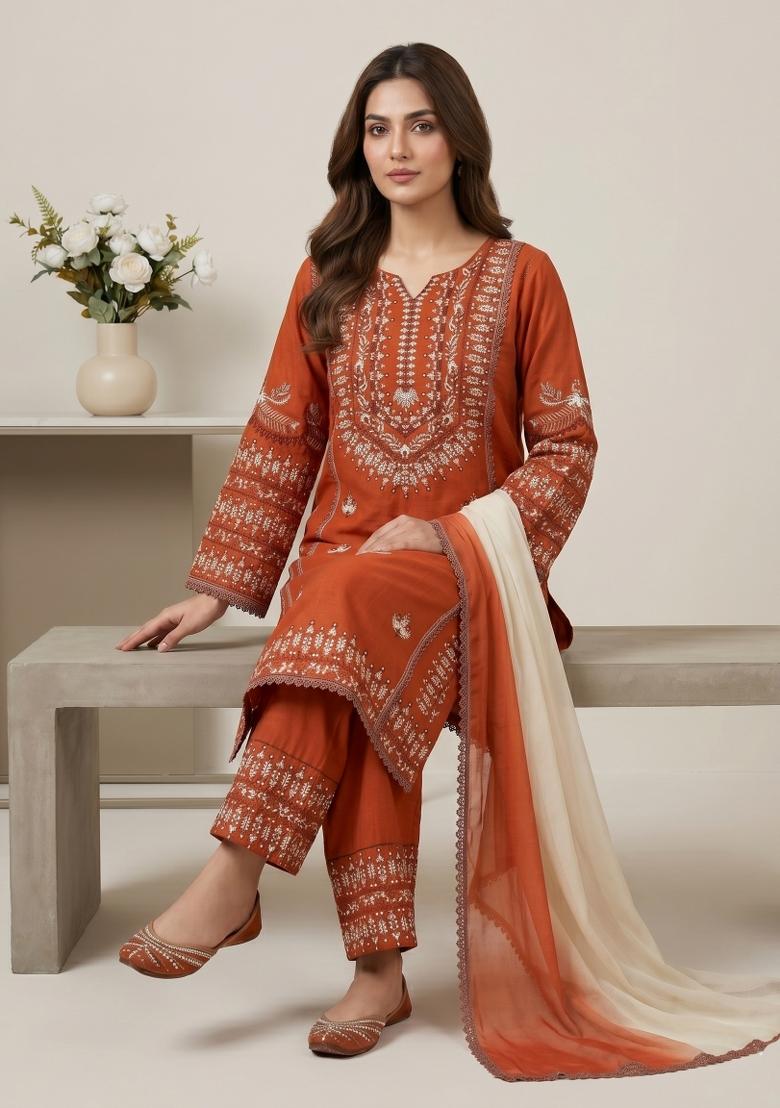 Orange Embroidered Rayon Cotton Kurta Set - Indya