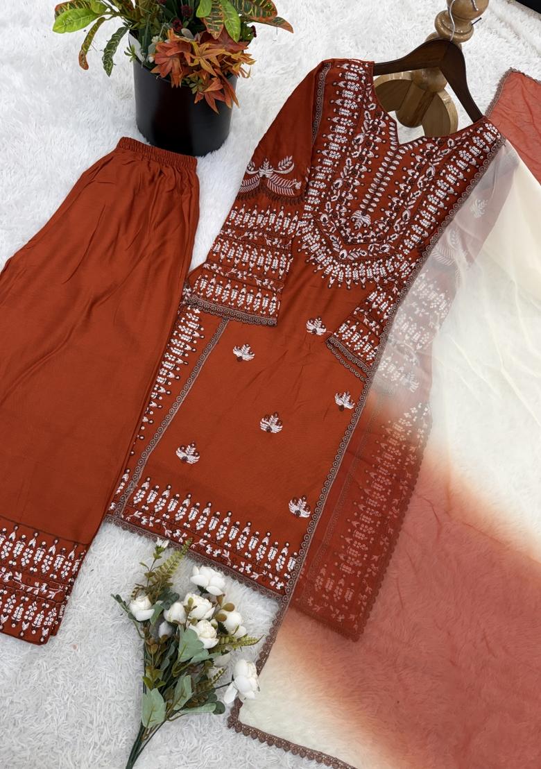 Orange Embroidered Rayon Cotton Kurta Set - Indya