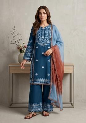 Teal Embroidered Rayon Cotton Kurta Set