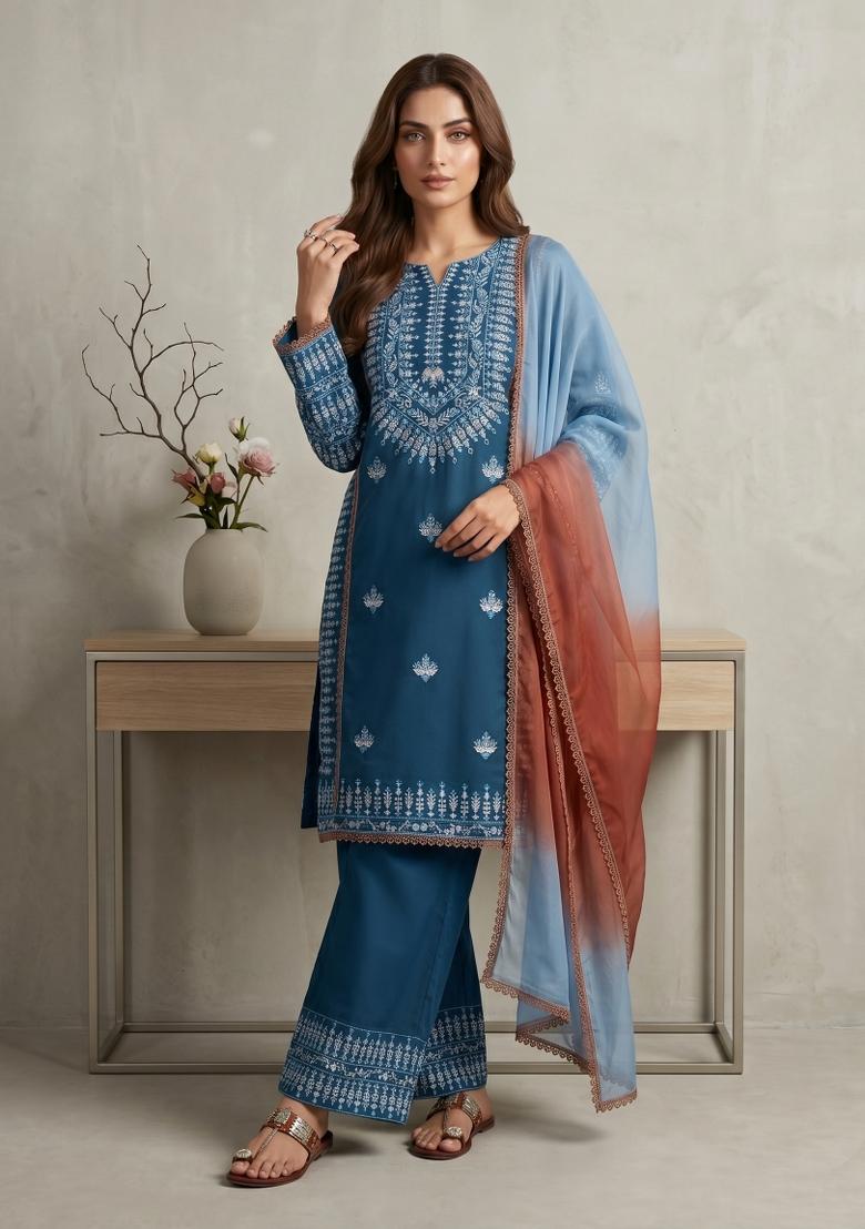 Teal Embroidered Rayon Cotton Kurta Set - Indya
