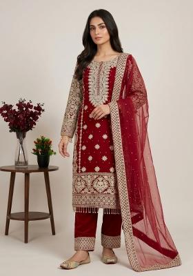 Maroon Embroidered Georgette Kurta Set