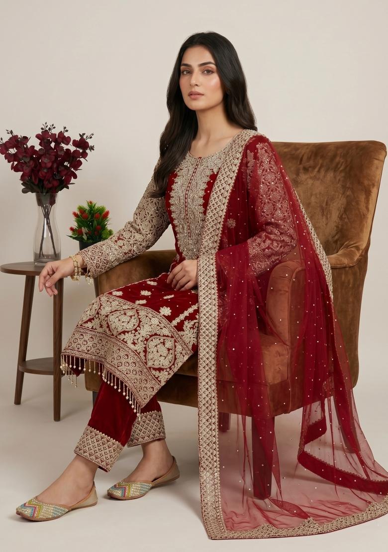 Maroon Embroidered Georgette Kurta Set - Indya