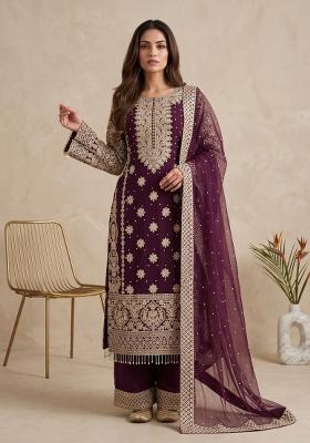 Wine Embroidered Georgette Kurta Set
