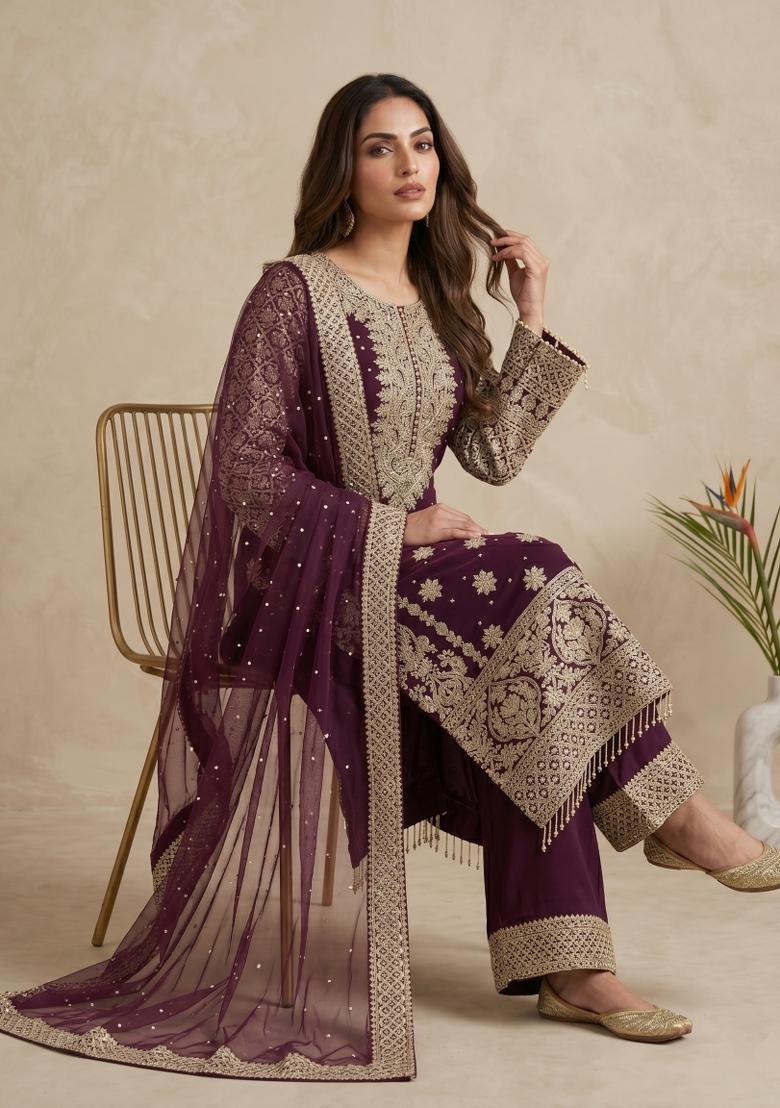 Wine Embroidered Georgette Kurta Set - Indya