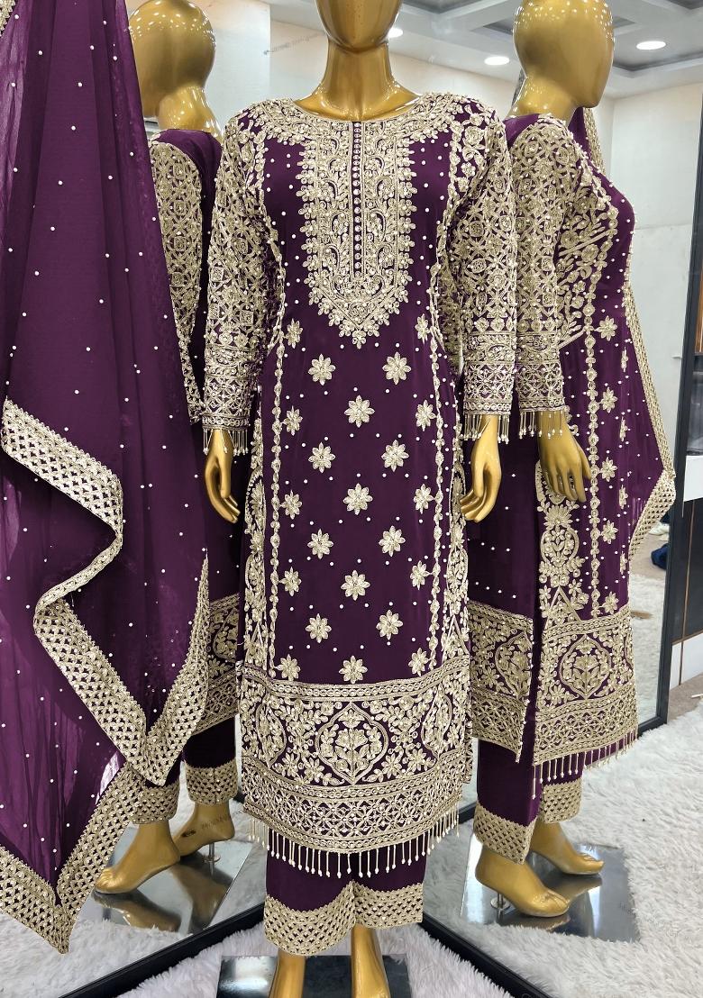 Wine Embroidered Georgette Kurta Set - Indya